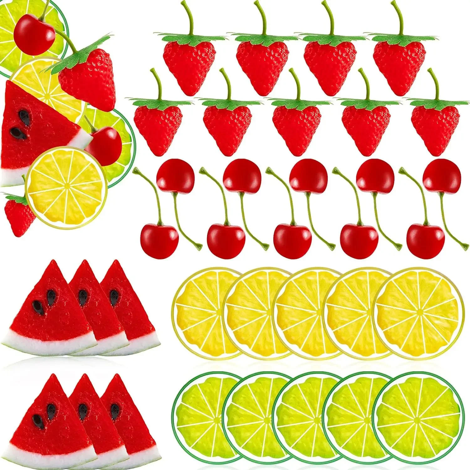 Description Picture 2 of itemFake Fruit Plastic Fruit Set, 6 Watermelon Slices, 10 Strawberry Slices, 10 Lemon Slices, 10 Cherry, 36 Pcs