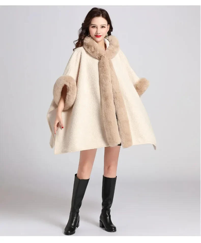 Description Picture 3 of itemWomen Granular Cardigan Long Cloak Loose Coat With Hat Winter Thicken Velvet Big Pendulum Faux Fur Collar Outstreet Poncho Capa