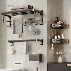 Upgraded foldable no-punch gunmetal gray towel rack bathroom rack wall mounted large space aluminum storage hooks hanging rod