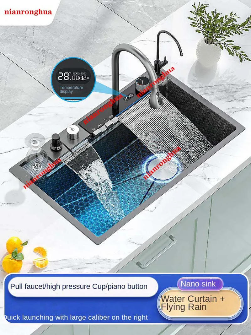 Description Picture 4 of item304 Stainless Steel Waterfall Kitchen Sink Large Single Slot Integrated Digital Display Faucet Set Soap Dispenser Cup Washer
