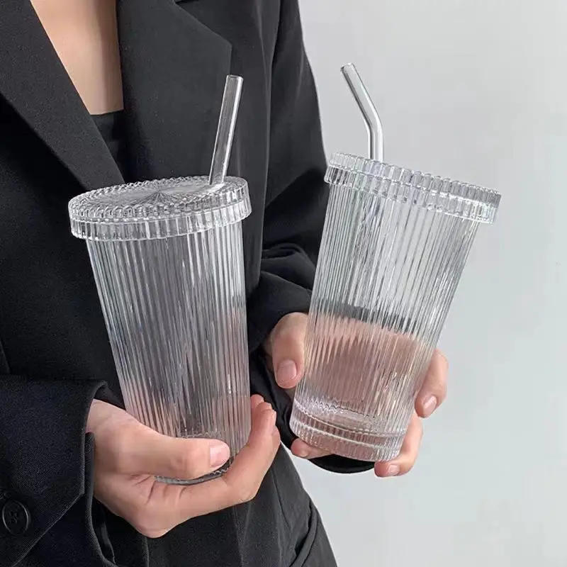 Description Picture 2 of item375Ml Stripe Glass Cup with Lid Straw Japanese Style Drinking Chic Mugs Milk Coffee Drinkware Tea Birthday Gifts whiskey Glasses