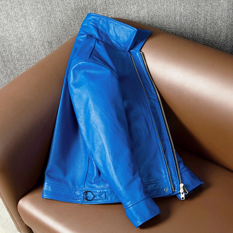 Description Picture 4 of itemYR!Free shipping.Men quality casual genuine leather coat.blue slim rider style cowhide jacket.popular young leather cloth,