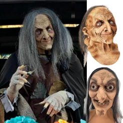 Halloween Horror Old Witch Latex Head Cover Realistic Scary Mask With Hair Halloween Party Costume Cosplay Prop Ghost House Prop