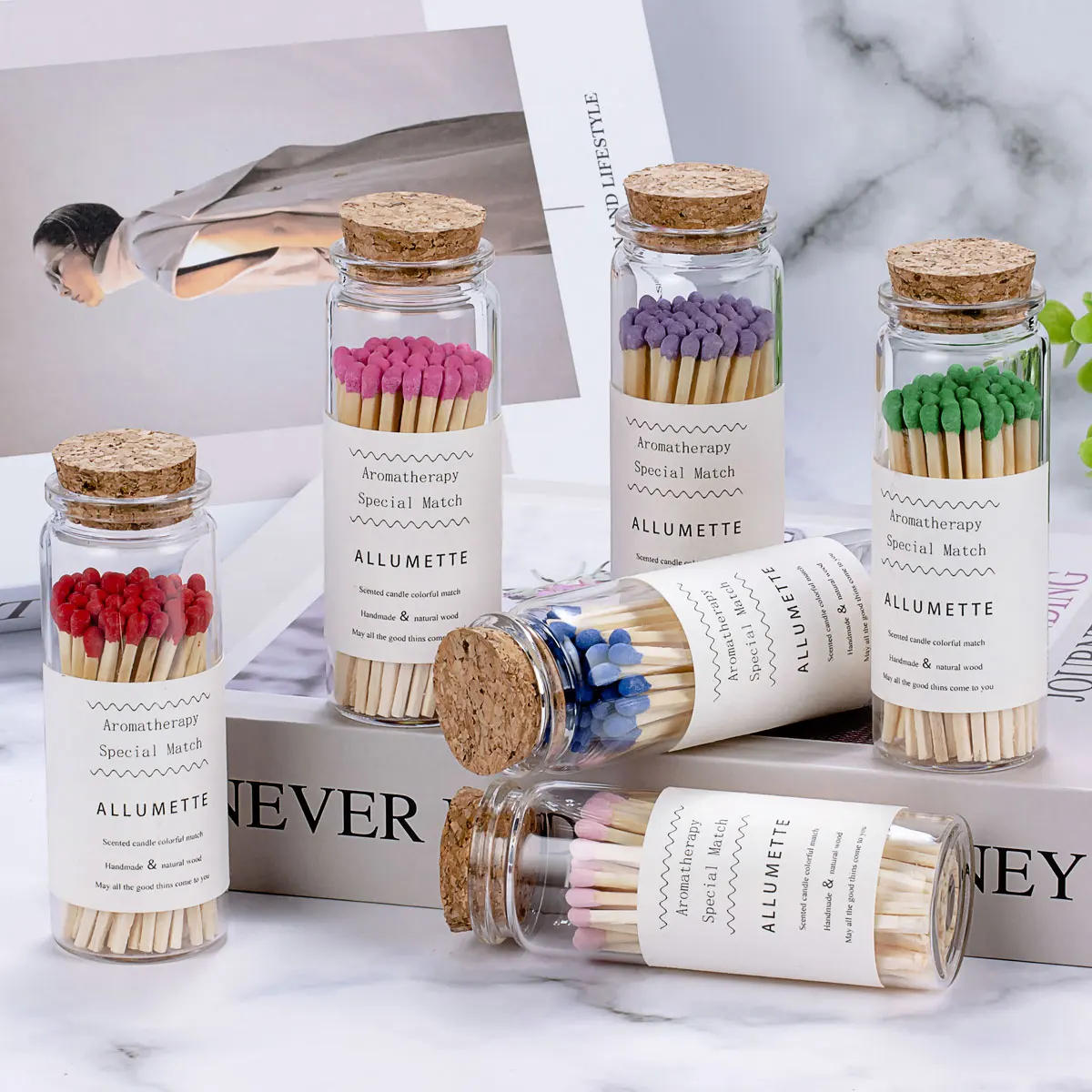 Description Picture 3 of item7.5cm Scented Colorful Match Apothecary Galss Jar Wooden Matches For Aromatherapy Candles Cigarette Smoking Tools