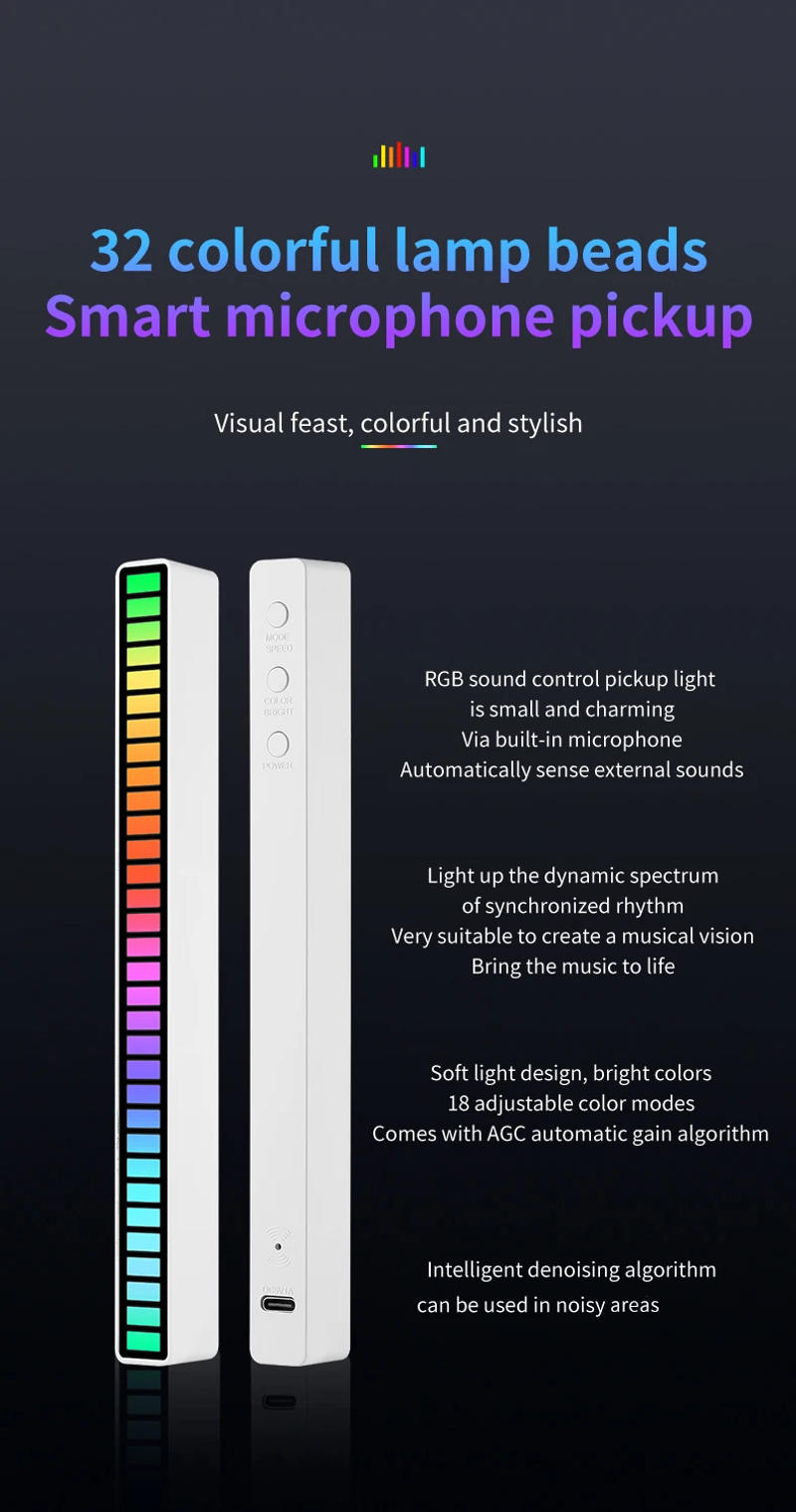 Description Picture 4 of itemLED RGB USB pickup light bar sound control music rhythm strip lamp color ambient for car atmosphere computer gaming rechargeable