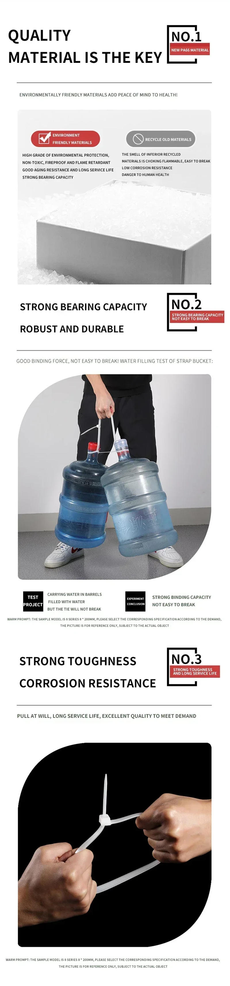 Description Picture 4 of item1000 PCS/pack Self-locking plastic nylon tie black 5x300mm cable tie 3x200mm cable tie zip wraps strap nylon cable tie set 3×100