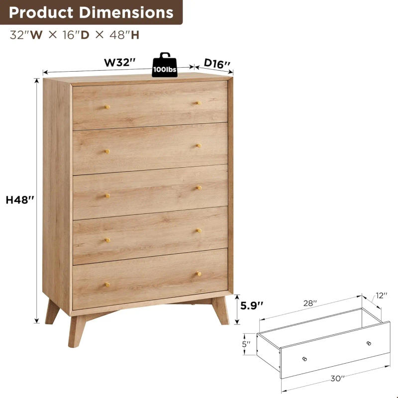 Description Picture 3 of item5-Drawer Dresser for Bedroom 48" Tall Mid-Century Modern Chest of Drawers Beveled Profile Design Wood Drawer Natural Oak