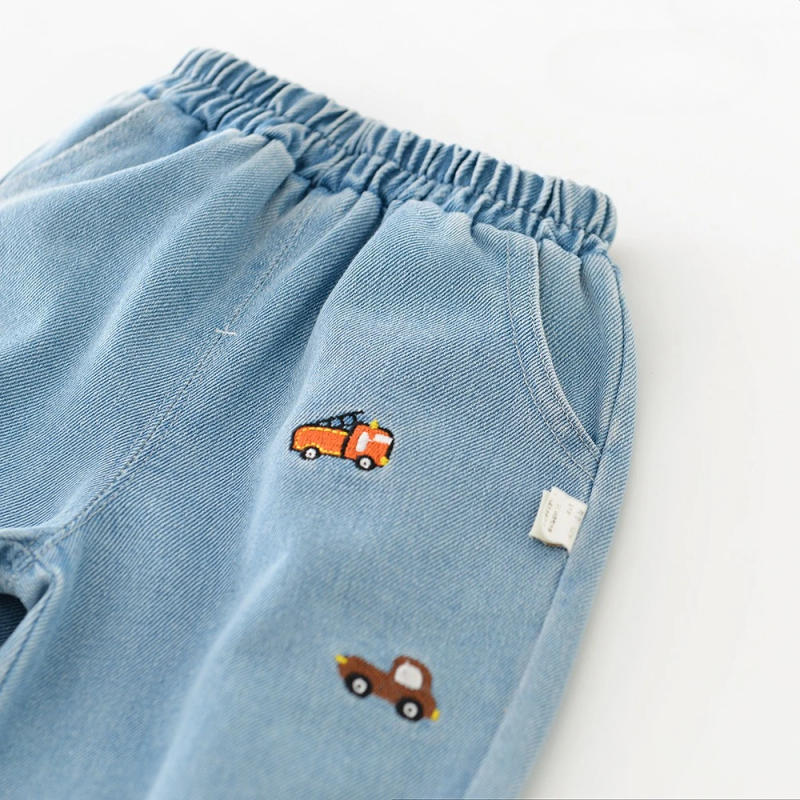 Description Picture 6 of item2025 Autumn New Baby Pants Cartoon Car Embroidery Girls Jean Pants Cute Boys Denim Trousers 9M -3T Children Elastic Waist Jeans