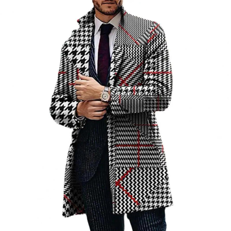 Description Picture 5 of itemMen Coat Stylish Plaid Print Trench Coat for Men Lapel Long Sleeve Cardigan with Pockets Windproof Business Style for Fall