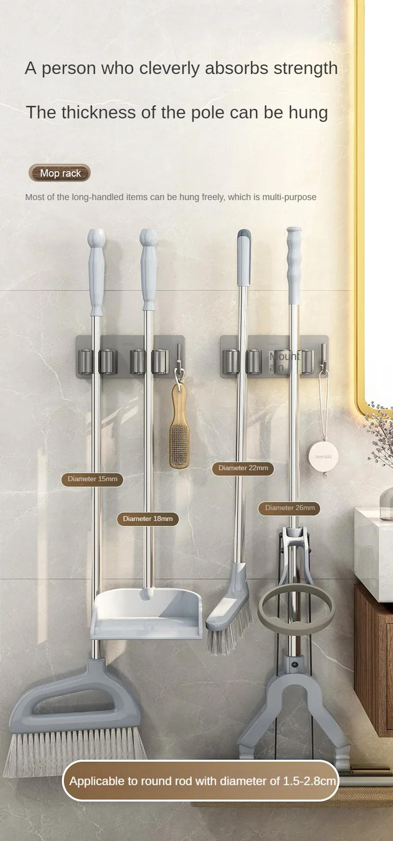 Description Picture 5 of itemWall Mounted Mop Organizer Clips Self-Adhesive Bathroom Mop Broom Hanger Holder Rack Hooks 304 Stainless Steel Mop Clip Clamp