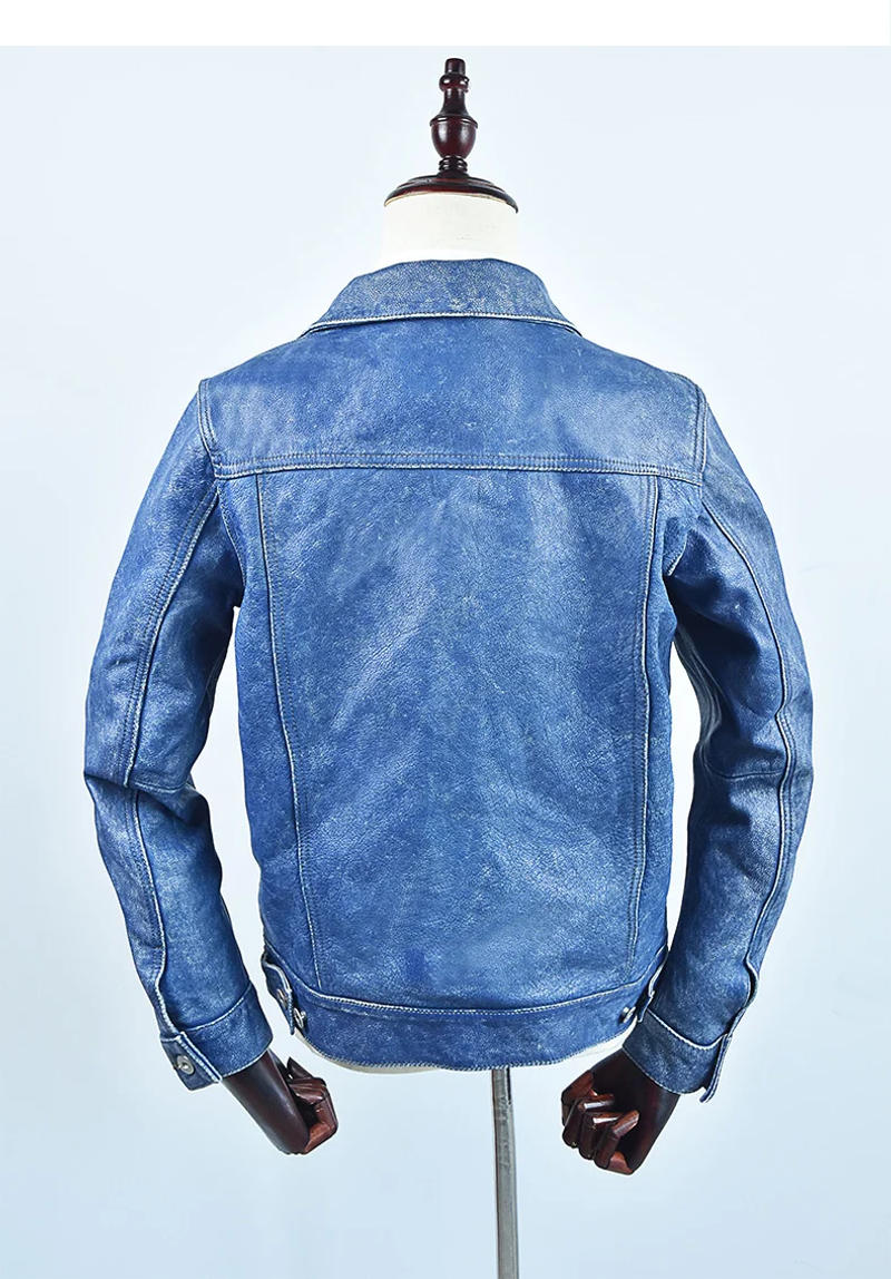 Description Picture 4 of item2024 Vintage Blue Genuine Leather Jacket Men Casual Style Single Breasted Plus Size 4XL Real Natural Cowhide Autumn Short Coat