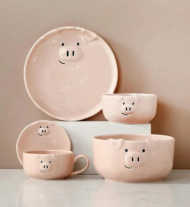 Description Picture 6 of itemCeramic Bowl Cute Pink Pig Tableware Dishes Home Ceramic Plate Breakfast Nordic Wind Irregular Matte Plate Kitchen Utensils