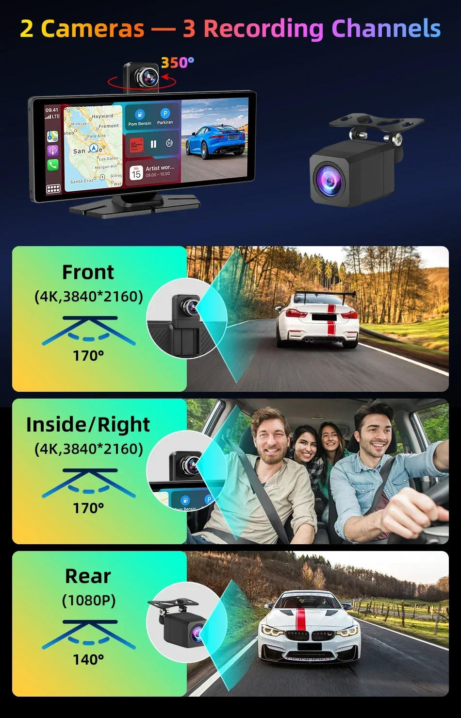 Description Picture 3 of item10.26" Car DVR Intelligent Screen with 4K 360° Rotation Dash Cam Wireless CarPlay & Android Auto Stereo AUX FM Bluetooth WIFI
