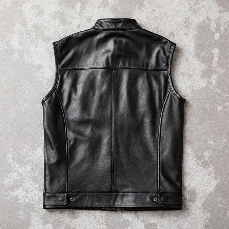 Description Picture 4 of itemMotorcycle Biker Leather Vest Men Genuine Cow Sleeveless Jackets 100% REAL Cowhide Stand Collar Waistcoat Outwear