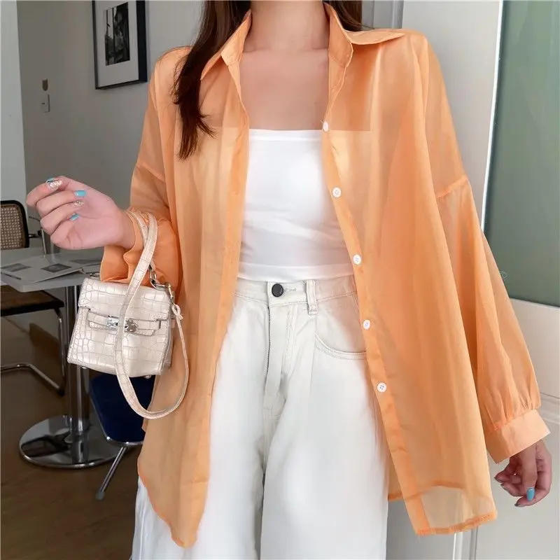 Description Picture 6 of itemWomen Shirt Long Sleeve Top Blouse Female Chiffon Loose Summer Cardigan Thin Sexy Solid Color Casual Shirt Outerwear Прозрачная
