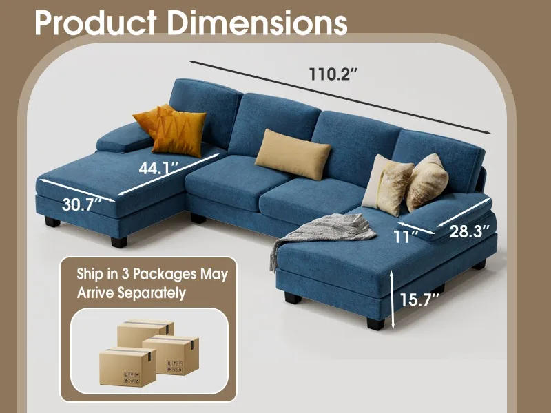 Description Picture 3 of itemSectional Couches for Living Room, U-Shaped Sofa Couch with Linen Fabric, 4 Seat Sofa Set with Double Chaise for Apartment
