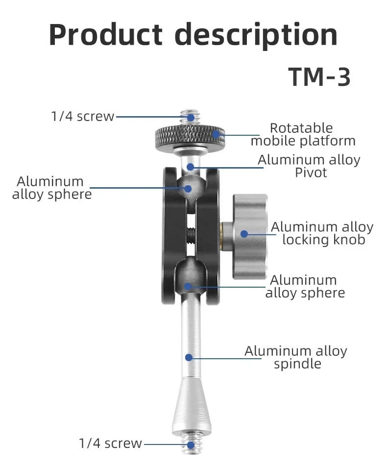 Description Picture 5 of itemMini Magic Arm Double Ball head 1/4 inch Screw for SLR Camera Tripod Camera Cage Rig LED Video Light Microphone Field Monitor
