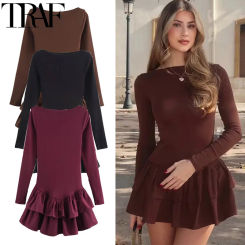 TRAF Ruffle Short Dresses Woman 2025 Pleated Long Sleeve Solid Dresses Spring Layered New Red Black Dress Bodycon Party Dresses