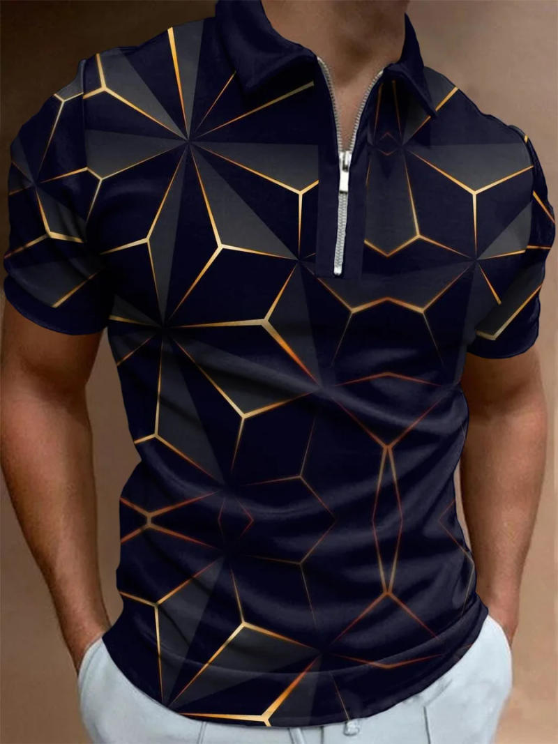 Description Picture 6 of itemMen's Casual Shorts Sleeve Polo Shirts Men Male Zip Turn-down Collar Tee Shirt Men Geometric Print Tops Clothing Clothes For Men