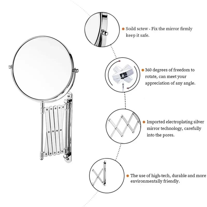 Description Picture 5 of itemBathroom Folding Vanity Mirror Wall-mounted Vanity Vanity Mirror Retractable Mirror Metal Double-sided Mirror 2X/3X Magnificatio