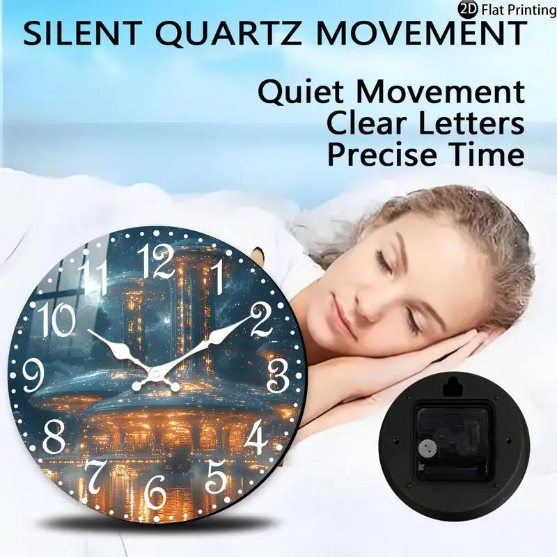 Description Picture 5 of itemWooden Silent Wall Clock Cityscape at night lights Quartz Round Analog Clock for Home Office Idea Holiday Gifts