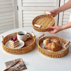 Round Rattan Woven Tray Fruit Breakfast Drinks Snack Tea Storage Basket Desktop Sundries Organizer Bread Plates With Wood Handle