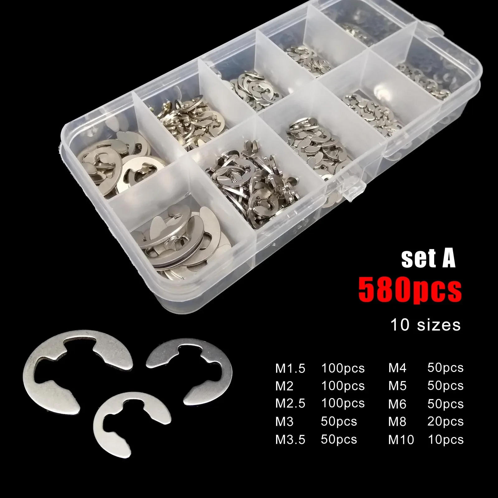 Description Picture 4 of item580/1000pcs M1.2 M1.5 M2 M3 M4 M5 M6 M8 M10 M12 M15 304 Stainless Steel Shaft External Retaining Ring E Clip Snap Circlip Washer