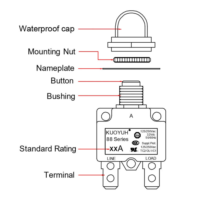 Description Picture 2 of itemKuoyuh 88 Series circuit breaker 5A 10A 15A 20A 25A 30A DC automatic reset thermal overload protector switch for Motors