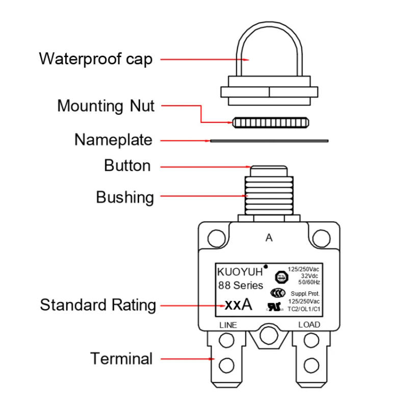 Description Picture 2 of itemKuoyuh 88 Series circuit breaker 5A 10A 15A 20A 25A 30A DC automatic reset thermal overload protector switch for Motors