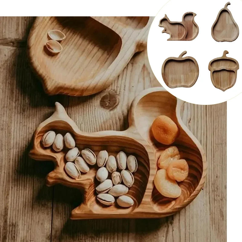 Description Picture 5 of itemSquirrel Snack Tray Wooden Craft Double Dish Holder for Nuts Sunflower Seeds Peanuts Cherries Home Decor Edamame Bowl Pedestal