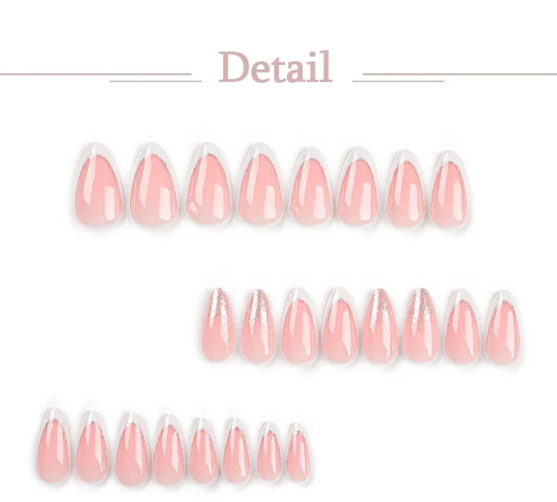 Description Picture 4 of itemElegant French Noble Gold Glitter Powder White Simple Almond Fake Nails Art False Nails Charm Tips Press on Nails Manicure Tools