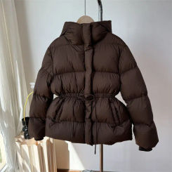 Elegant Drawstring Cotton Jacket Women Winter Thick Hooded Warm Coat Fashion Stand Up Collar Zipper Loose Versatile Outwear