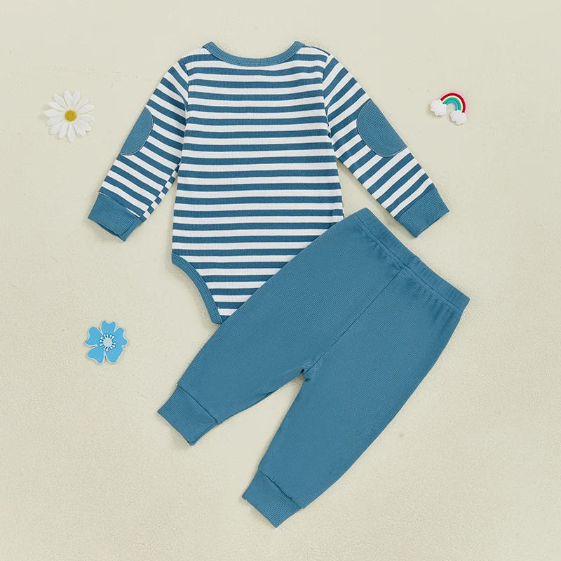 Description Picture 4 of itemBaby Autumn 2Pcs Pants Sets Long Sleeve O Neck Button Striped Romper Solid Color Pants Sets