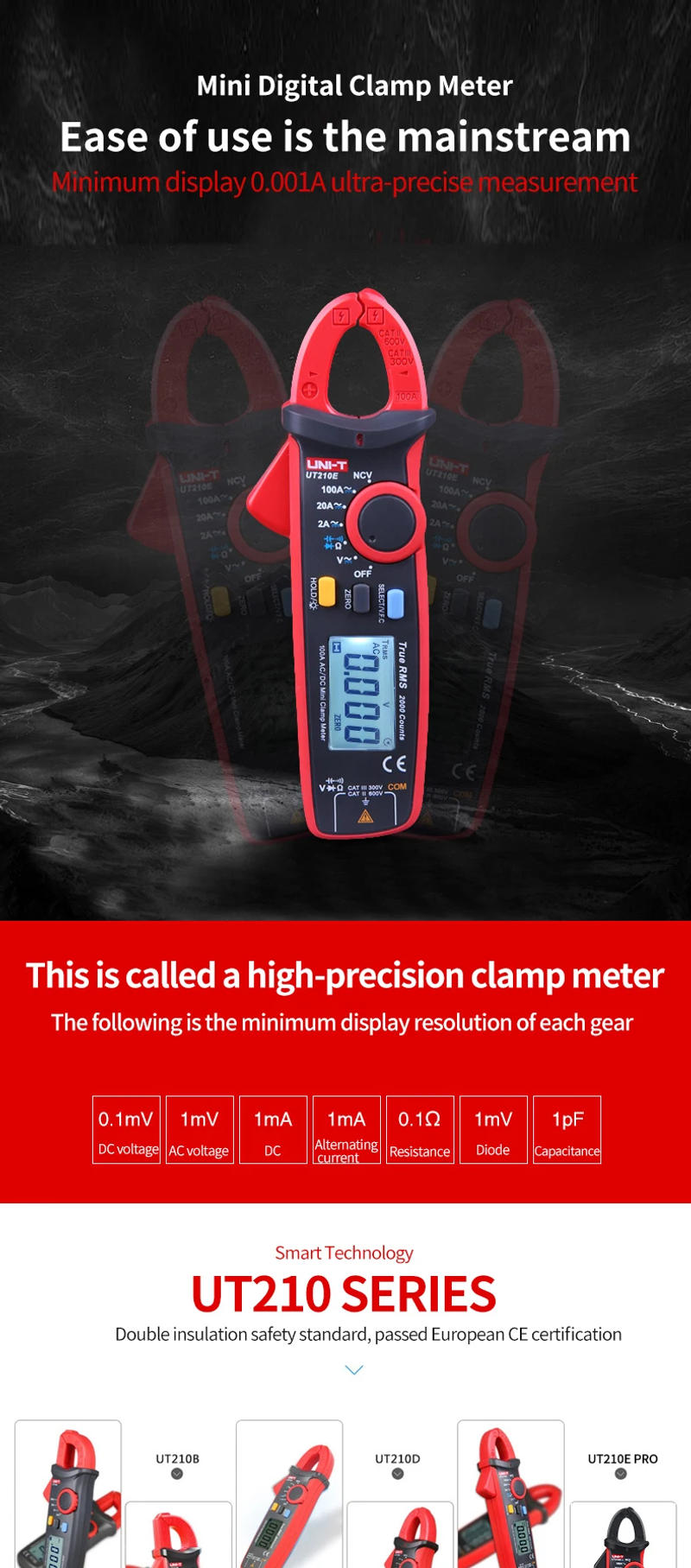 Description Picture 2 of itemUNIT Mini Digital Clamp Meters UT210E UT210D UT204 Plus AC/DC Current Voltage Auto Range VFC Capacitance Non Contact Multimeter