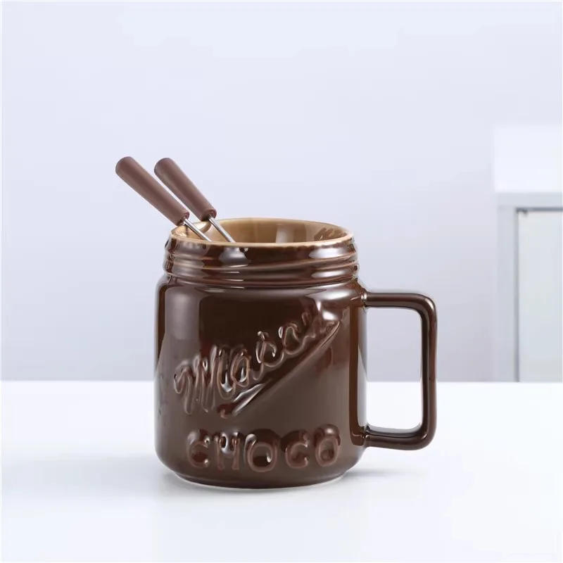 Description Picture 5 of itemCrerative Ceramic Chocolate and Cheese Fondue Maker Fondue Mug Set with Dipping Forks Melting Pot Furnace