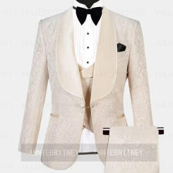 Beige Jacquard Shawl Lapel Formal Wedding Elegant Men Suit Groom Tuxedo Prom Slim Fit Blazers High Quality Custom 3 Piece Set