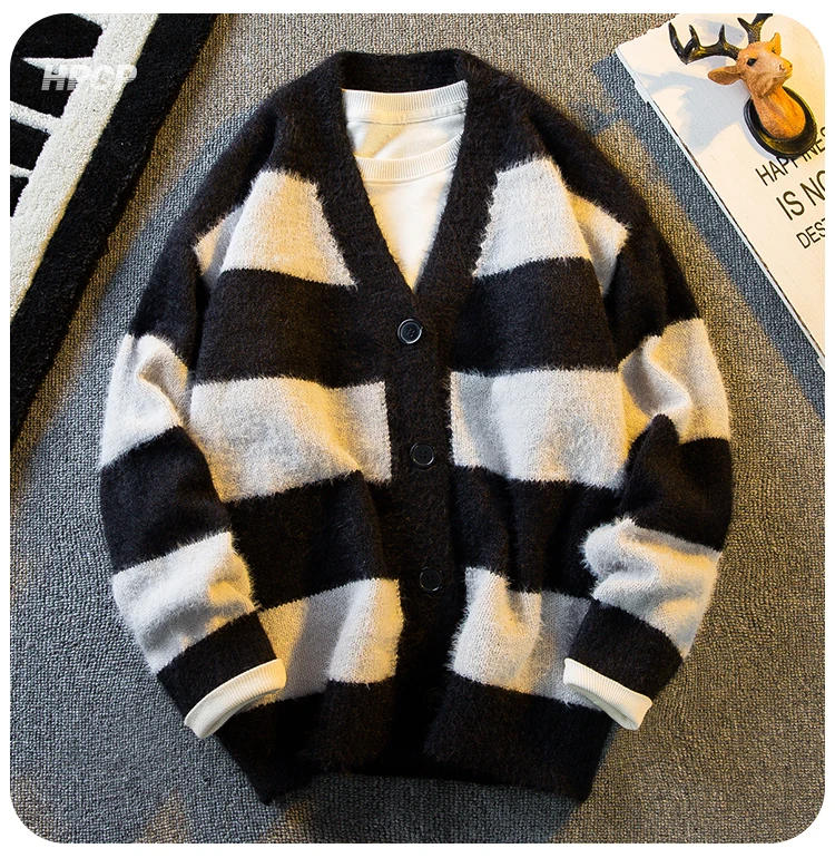 Description Picture 6 of itemWinter Black White Striped Contrast V-neck Sweater Men's Loose Casual High Street Knitted Cardigan Jackets Men Tops Male Clothes