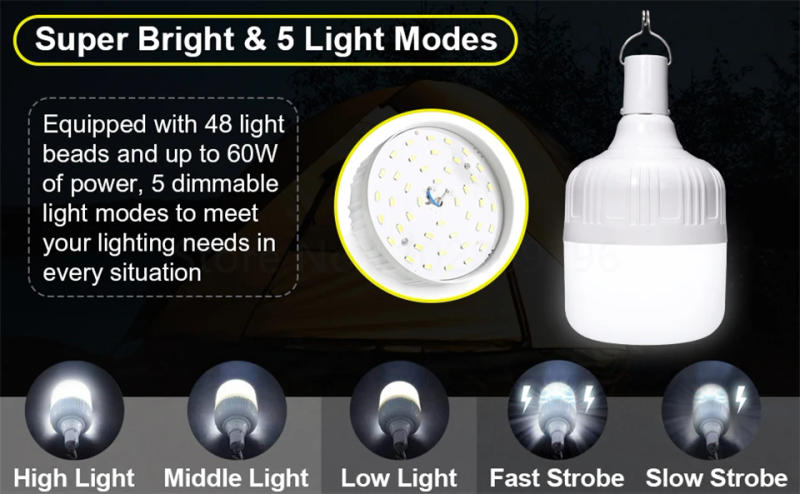 Description Picture 2 of item1-2pcs Outdoor Camping LED Lamp USB Rechargable Emergency Bulb Portable Hanging Hook Night Lights Energy-saving Camping Lamps