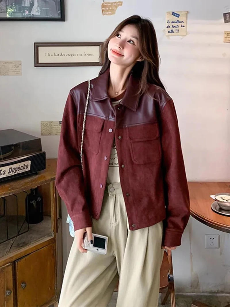 Description Picture 4 of itemJmprs Retro Streetwear Jackets Women Pu Patchwork American Coat Fall Winter Long Sleeve Harajuku Vintage Bf Burgundy Casual Tops