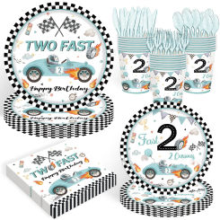 Blue Racing Car Theme Disposable Tableware Two Fast Plates Cups Napkin 2 Year Old Kids Happy 2nd Birthday Party Decoration