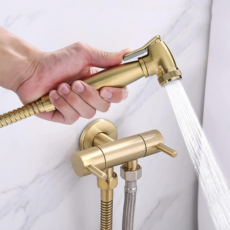 Description Picture 2 of itemBrushed Gold Brass Handheld Bidet Sprayer Bathroom Toilet Bidet Attachment Set Wall Mounted Single Cold Bidet Faucet