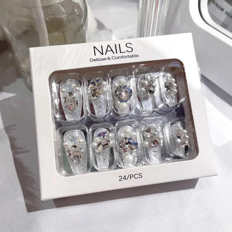Description Picture 3 of item24Pcs Long False Nails Diamond Pearl Glitter Design Press on Nails Tips Art Fake Nails Forms Reusable Set Acrylic Artificial