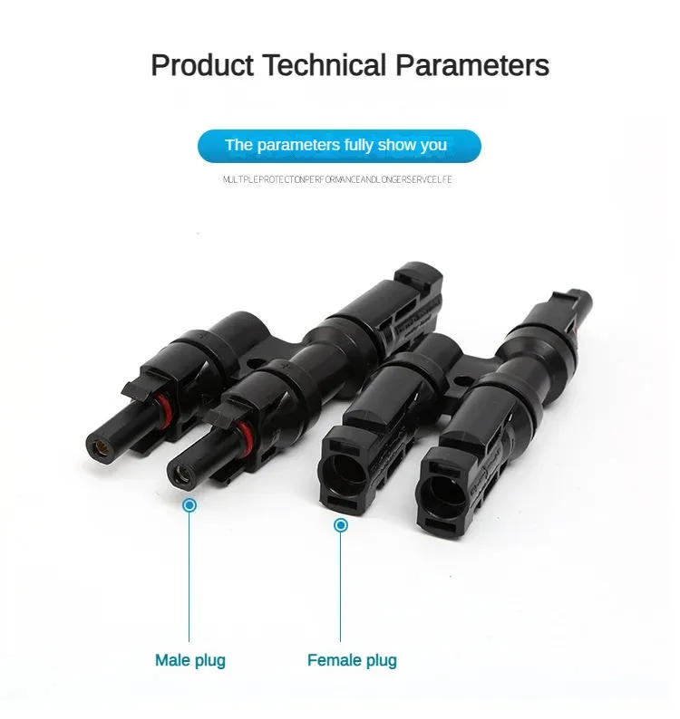 Description Picture 6 of item1 Pair IP67 Solar PV Connector Approved 2 to 1 T Branch Male And Female Solar 100% PP0 Parallel DIY MC4 Solar Kits System