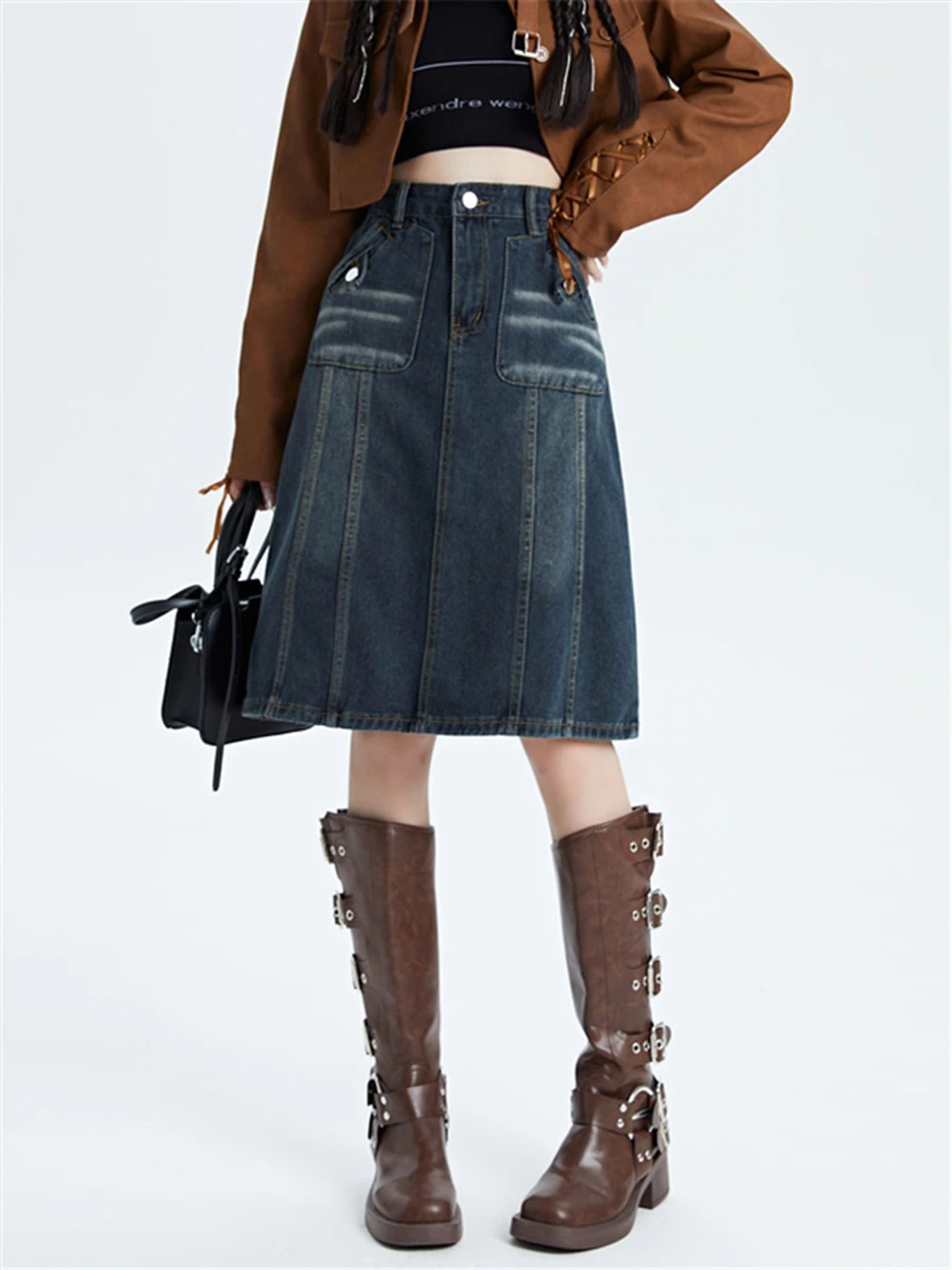 Description Picture 4 of itemAmerican Style Vintage Washed Denim Skirt for Women High Street Loose Wide Leg Design Sense Midi Skirt