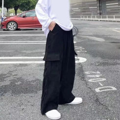 Solid Color Pants Men's Wide Leg Cargo Pants with Drawstring Waist Multi Pockets High Street Style Soft for Comfortable