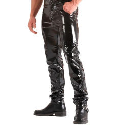Spring Mens Casual Pants Shiny Wet Look PU Leather Pants Fashion Tight Trousers for Club Stage Show Rock Band Performance