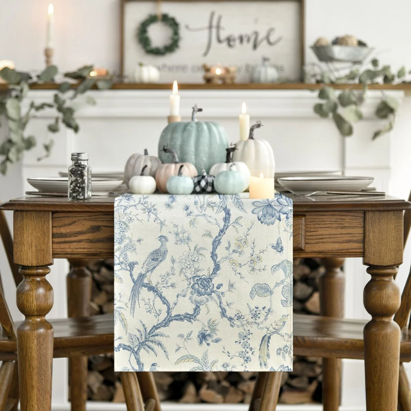 Description Picture 3 of itemChinoiserie Peacock Flower Linen Table Runner Dresser Scarf Decor Farmhouse Kitchen Dining Table Runner Holiday Party Decoration