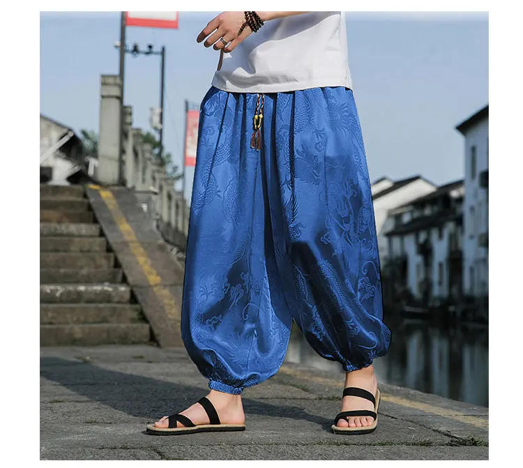 Description Picture 3 of itemSummer Ice Silk Dragon Pattern Pants Men's Beach Bloomers Retro Casual Wide-leg Flower Pants Harajuku Fashion Jogging Pants