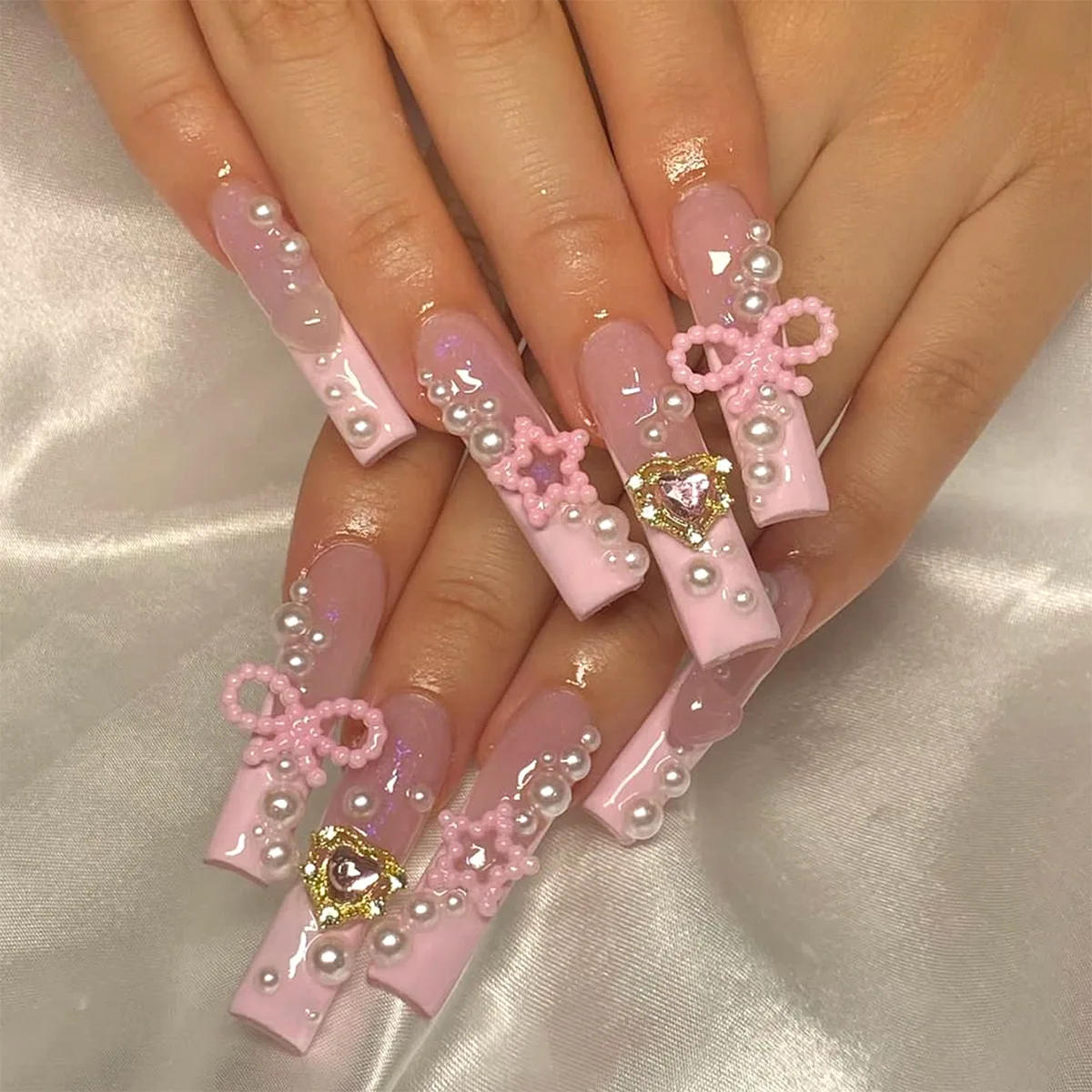 Description Picture 5 of item24Pcs French Square False Nails with Pink Bow Rhinestones Design Long Ballet Fake Nail Wearable Coffin Press on False Nails