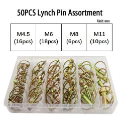 50Pcs Lynch Locking Pin Assortment Kit Heavy Duty Spring Steel Annular Ring Pins Farm Tractors Trailers Trucks Mower M4.5~M11